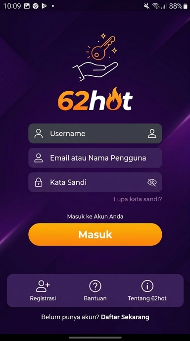 Tampilan halaman login 62hot